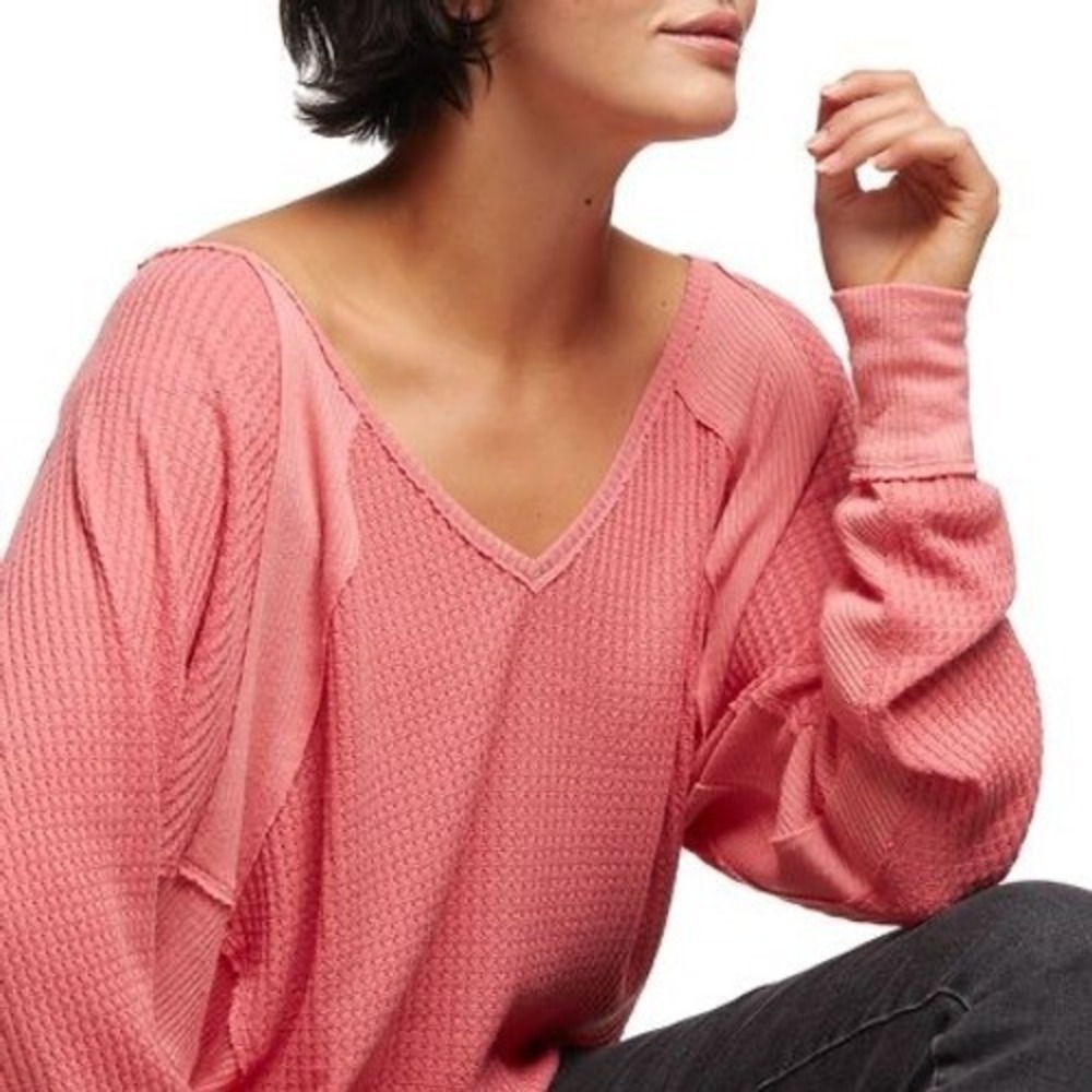 Free People We the Free Santa Clara Top Coral Waffle Knit Oversized Shirt Sz XS